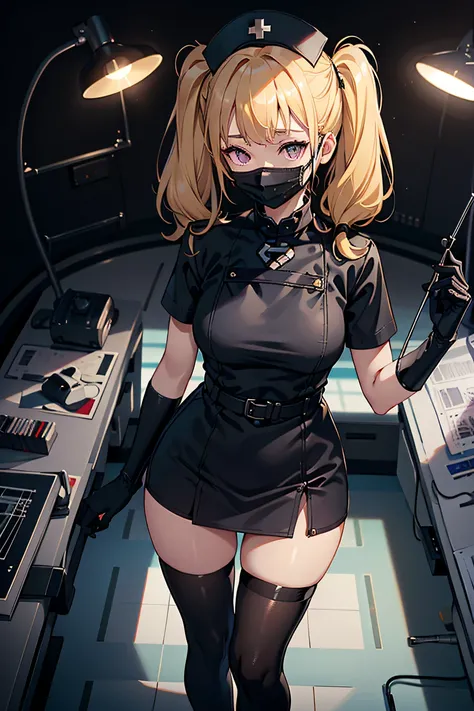 black nurse, 1girl, solo, black nurse cap, black wear, ((black legwear, zettai ryouiki)), black elbow gloves, twintails, yellow hair, purple eyes, ((black surgical mask, covered nose)), standing, ((surgery room)), sharp outline, short sleeves, best quality...