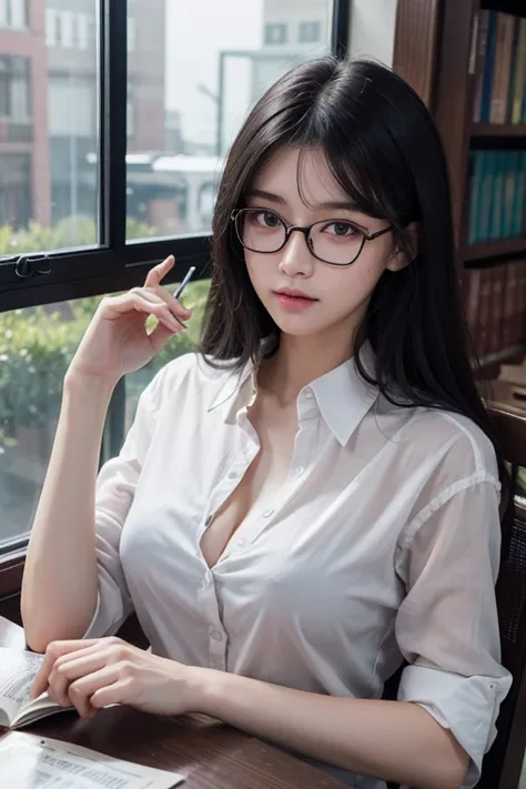 16-year-old woman， black hair color hair， Beautiful hairstyle， clear thin frame glasses， thinking face，ssmile （Wear button-down shirts， Large breasts）， sitting down， Learn， intermittently， lying on the table， get a pencil， opened book， glass of milk， table...