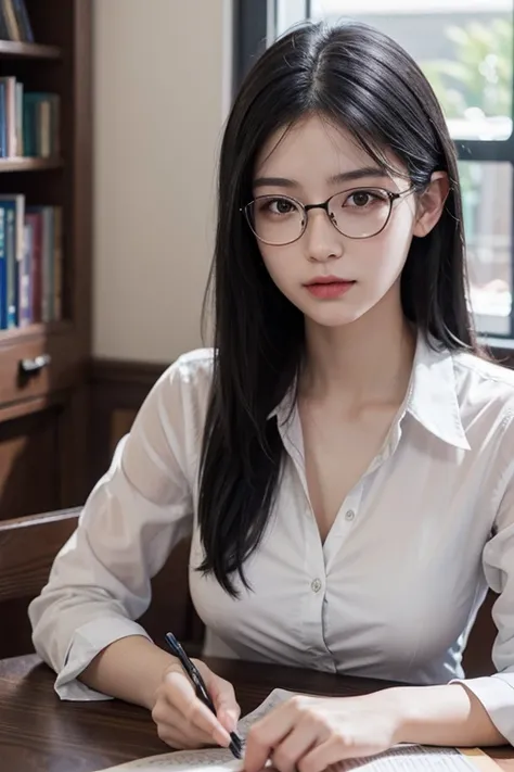 16-year-old woman， black hair color hair， Beautiful hairstyle， clear thin frame glasses， thinking face，ssmile （Wear button-down shirts， Large breasts）， sitting down， Learn， intermittently， lying on the table， get a pencil， opened book， glass of milk， table...