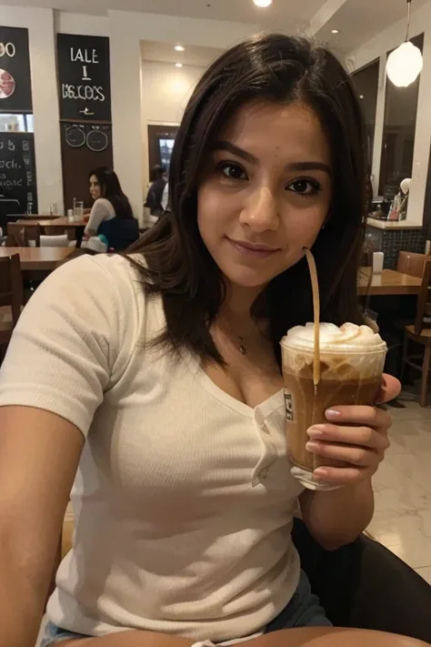 Chica linda sacandose una selfie tomando cafe