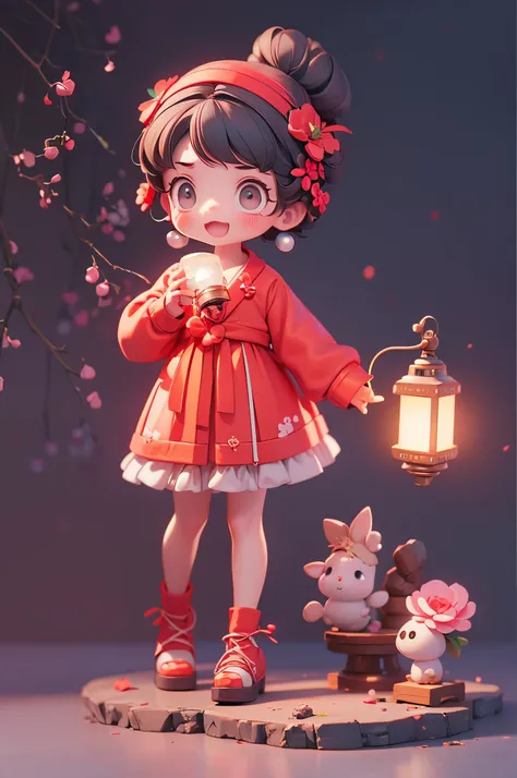 Little girl holding a lantern C4D，Q version，Cartoonish，red colour，jubilation