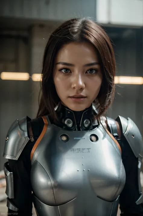 In a destroyed future city，Medium shot of sexy female robot wearing scratched and tarnished futuristic armor, fanciful, sci-fy, Beautiful female face, Tempting, sexuell, thin fog, Vivid and captivating eyes, dramatics, the best quality masterpiece, realist...