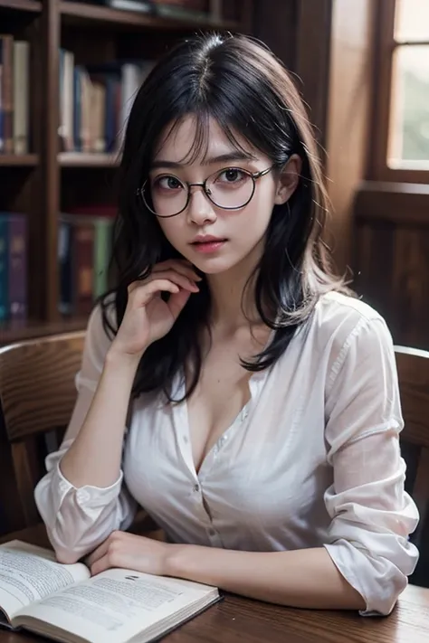 16-year-old woman, black hair color hair, streaked hair, multicolored hair, Beautiful hairstyle, transparent thin frame glasses, thinking face, ssmile （Wear button-down shirts, Large breasts）, sitting down, Learn, intermittently, lying on the table, get a ...