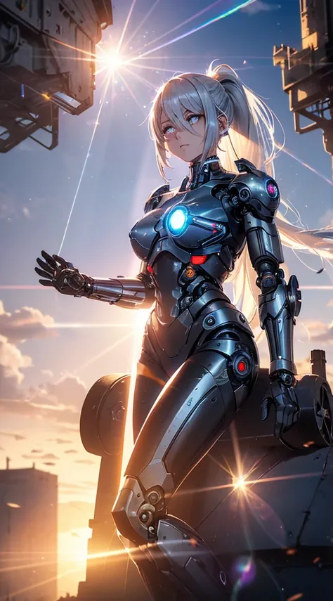 1girl, cyborg, mechanical arms, mechanical legs, upper body, (cybernetic:1.4), (skulls, broken houses), war scenery, (blue flames:1.3), (black hair|white hair), (black eyes|white eyes), (sidelocks|ponytail), (absurdly long hair:1.4), glowing armor, solo fo...