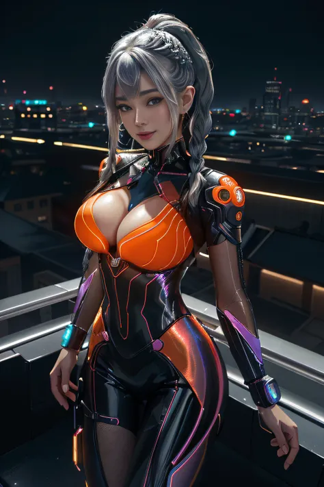 Cyber City at Night,(Gorgeous night view illumination:1.3),(Stand on the roof of a building:1.3)The actress is a very beautiful Western adult woman.....(Sexy super shiny orange transparent holographic mechanical cyberpunk suit:1.3) ,(Mechanical suit that l...