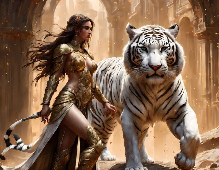 high details, best quality, 16k, RAW, [ultra detailed], masterpiece, best quality, (extremely detailed), dynamic angle, ultra wide shot, RAW, photorealistic, fantasy art,, rpg art, realistic art, a wide angle picture of a female human druid and her pet whi...