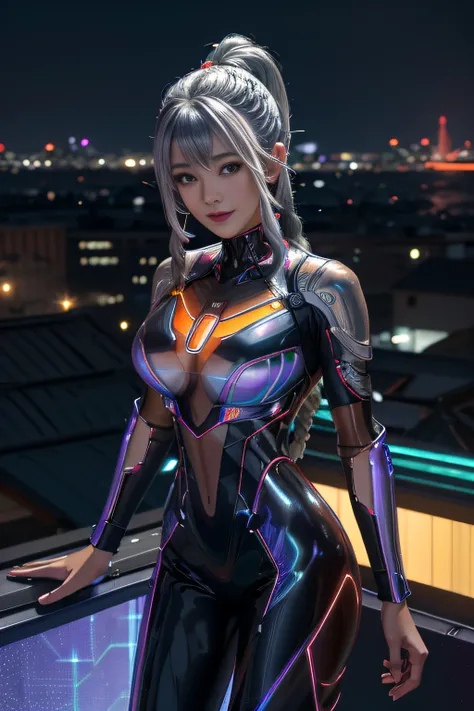 Cyber City at Night,(Gorgeous night view illumination:1.3),(Stand on the roof of a building:1.3)The actress is a very beautiful Western adult woman.....(Sexy super shiny orange transparent holographic mechanical cyberpunk suit:1.3) ,(Mechanical suit that l...