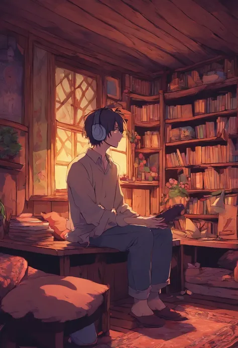 Man listening to music in cozy room at night, Usando Furnes de Uviedo, 2D style anime, Lo-Fi, hdd, The environment is dark