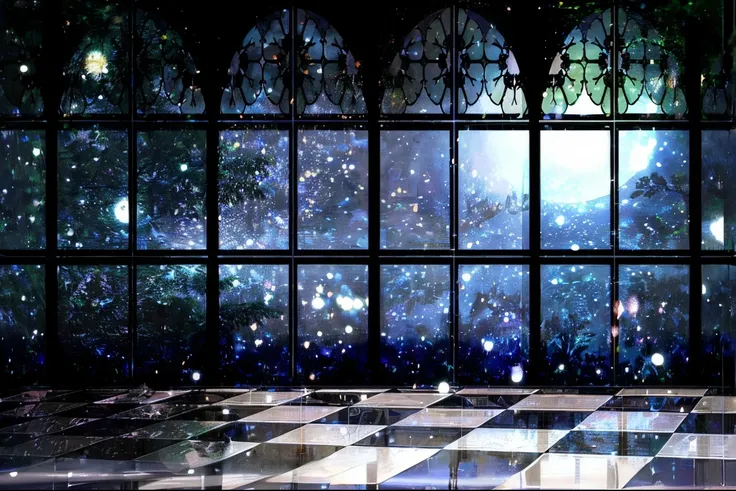 There is a big window.、I can see the outside space, Large window to the forest at night, magical background, Stunning Arcanum background, Ballroom background, fairy tale style background, a crystalline room, glowing stained glass backdrop, Light Kingdom Ba...