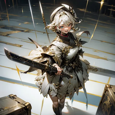 (badly torn dress)、(Torn skirt)、One lady、battle field、A sexy、The chest isｃcups、Kamimei、Angle looking down from above、Holding a sword in his right hand、Holding a gun in your left hand、Skirt Lift Up、dynamic motion、silber hair、Golden Eyes、Short bob hair、White...