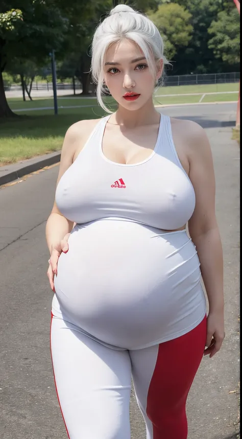 1 mothers, old lady , white hair, tied hair, red lips, red eyes,heavy breasts, big breasts, huge breasts , massive breasts , enormous breasts, juicy breasts, overdue pregnant, ((huge pregnant:1.2)), wearing sport bra and leggings, sports clothes, take a wa...