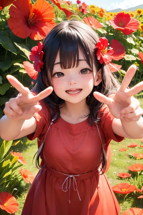 photoRealstic、Stand in front of the photo、laugh face、Water droplets on the cheeks、kawaii pose、spreading arms widely、Flowing Red Silk、bustup、Hibiscus petals、season!!: 夏☀ 🍂 ハイビスカス