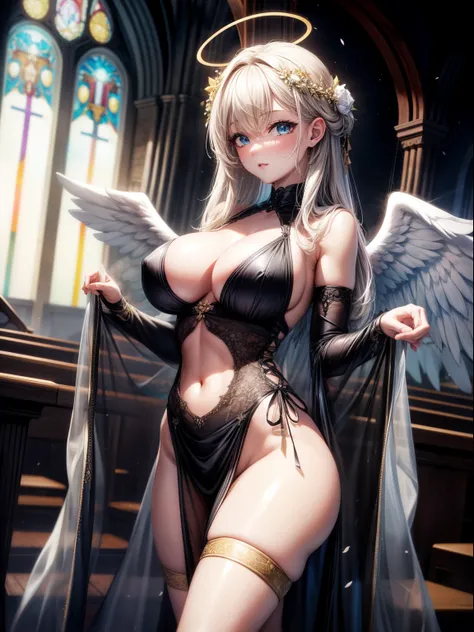 （8K ，hyper-detailing，ultra real photo，Best masterpiece，natural，Perfect artwork，Perfect female body），Cute busty girl ，Hair color，（large tities），Angelic，obsessed，the angels wings，The halo，Beautiful church，beautiful rain of petals，Gorgeous accessories，golden ...