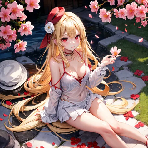 a blond、red eyes、1 pretty girl、animesque、lightly dressed、a miniskirt、sitting on、flower petals、bare-legged、wetting hair、sullenness、Hats、piercings、Camisole-wearing