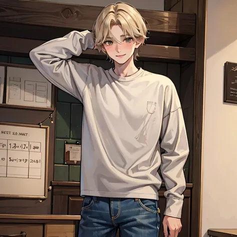 One Boy 16 year old,light blond, straight hair,  green flannel shirt, brown eyes, shy smile , tall, gray jeans, blush,long sleeves, athletic body,loving face