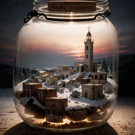 (An intricate minitown Matera landscape trapped in a jar with cork), atmospheric greenish lighting, Realism, film grain, super detail, on a white desk, its snowing inside the jar. 4k UHD, dark vibes, hyper detailed, vibrant colors reddish sky background, e...