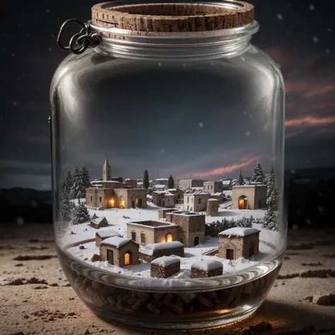 (An intricate minitown Matera landscape trapped in a jar with cork), atmospheric greenish lighting, Realism, film grain, super detail, on a white desk, its snowing inside the jar. 4k UHD, dark vibes, hyper detailed, vibrant colors reddish sky background, e...