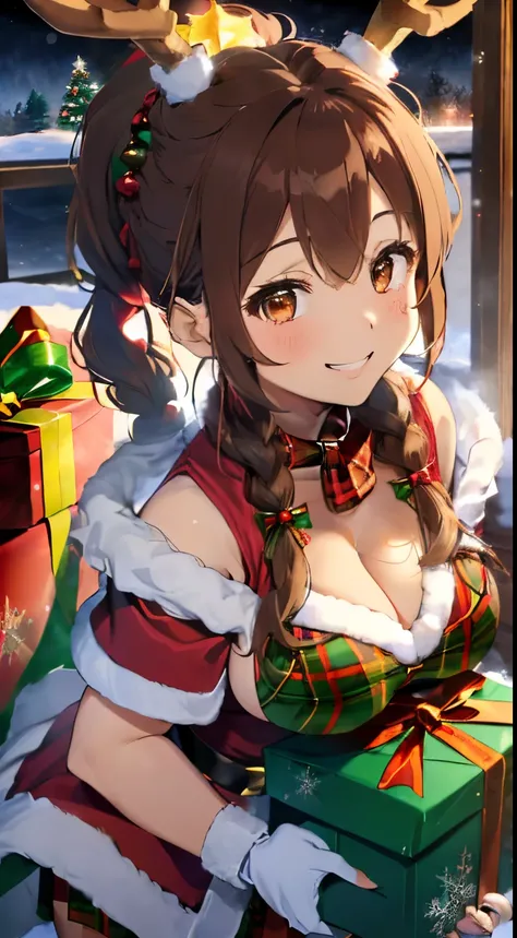 fluffy hair,((brown haired)),(Braided shorthair),Slightly red tide,((Brown eyes)),((Fluffy Santa Claus cosplay)),(Her chest is wide open and you can see her cleavage.),(She wears a red and green plaid scarf around her neck.....),((reindeer hair band)),nigh...