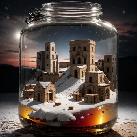 (An intricate minitown Matera landscape trapped in a jar with cork), atmospheric greenish lighting, Realism, film grain, super detail, on a white desk, its snowing inside the jar. 4k UHD, dark vibes, hyper detailed, vibrant colors reddish sky background, e...