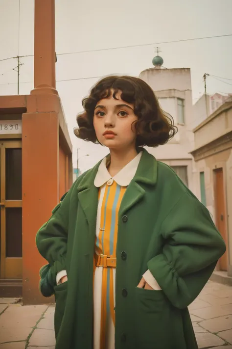 1965, Italy. Pre-raphaelite ((((9-year-old)) Momo)), homeless girl, messy short curly hair, oversized coat, city street, big turtle, ((((big and unkempt Clothing from the 1960s)))), ((curly Hairstyle of the 1960s)), ((Wes Anderson cinematic style)), colorf...