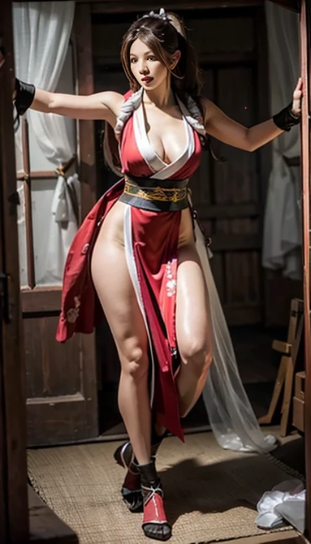 mai shiranui, Brown eyes, Full body portrait, Toes are visible, Standing, Full body, Prestige, Long hair, Brown hair, White ribbon, Sleeveless, poneyTail, sash, pelvis curtain, arm guards, mitts, tabi, fascinated expression, Sexy eyes, medium breasts, Smil...