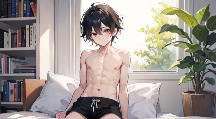 1boy, black hair, topless, shorts, looking at viewer