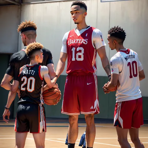 Monta with his two baby boys in the basketball court facing at the back, red jersey, daddy is number 08, the two boys numbers Monta 16 and Monta 30, the center is daddy holding both arms of the baby