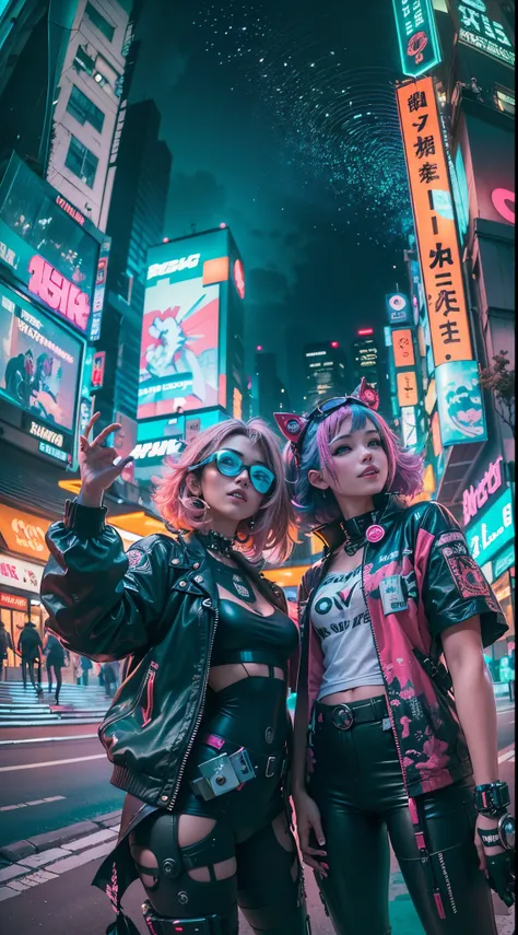 ((2 cyberpunk girls wearing colorful Harajuku style pop outfit)), ((fisheye lens)), cowboy shot, wind, messy hair, cyberpunk cityscape, (aesthetics and atmosphere:1.2), smiling, ((cinematic lighting))