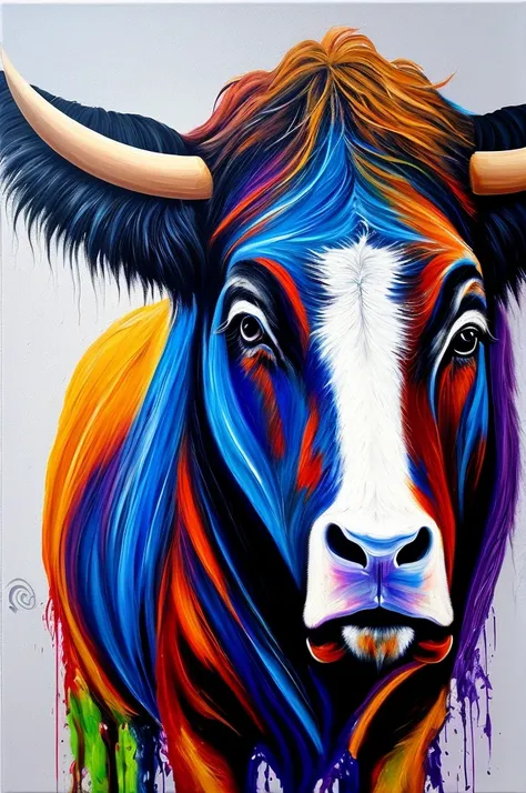 Bull painting on human head with acrylic technique on canvas