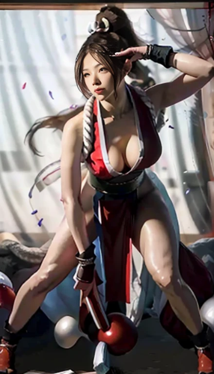 mai shiranui, Brown eyes, Full body portrait, Toes are visible, Standing, Full body, Prestige, Long hair, Brown hair, White ribbon, Sleeveless, poneyTail, sash, pelvis curtain, arm guards, mitts, (tabi), fascinated expression, Sexy eyes, medium breasts, Sm...