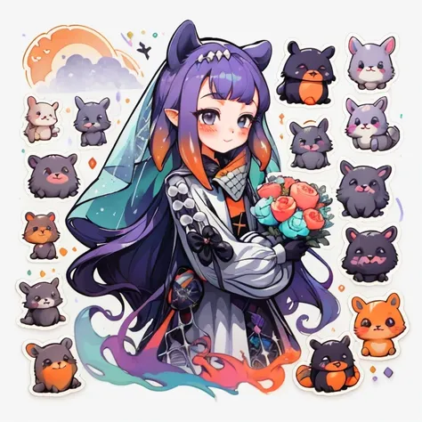 1 sticker, handbook, (Sticker, 1 girl, purple and orange hair, luna. veil, bouquet, Separating elements), watercolour, whitebackground, Simple background, minimal, Cute, tiny, Color: pastel colours, vector style, No gradient,