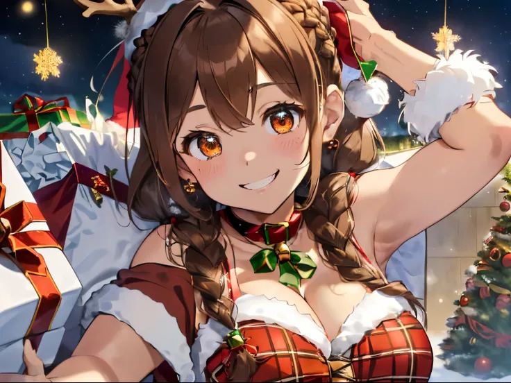 fluffy hair,((brown haired)),((Braided shorthair)),(pigtails),Slightly red tide,((Brown eyes)),((Fluffy Santa Claus cosplay)),(Her chest is wide open and you can see her cleavage.),(She wears a red and green plaid scarf around her neck.......),((reindeer h...