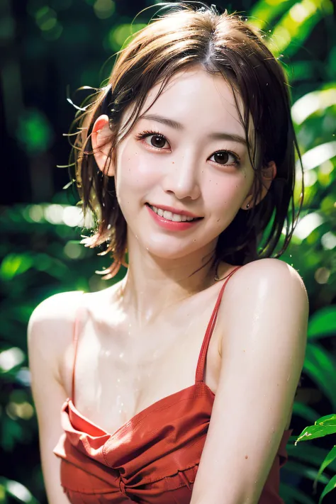 (Realistic, Photorealistic: 1.37), (8K, Raw photo, Best Quality, masutepiece: 1.2), Shy smile, messy and wet hair, tropical rainforest、a slight light、Realistic skin with visible pores