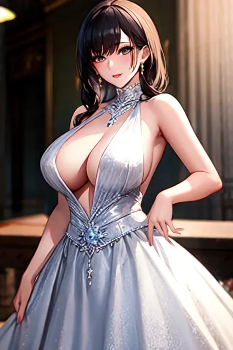 masterpiece, highest quality, deep cleavage, gown