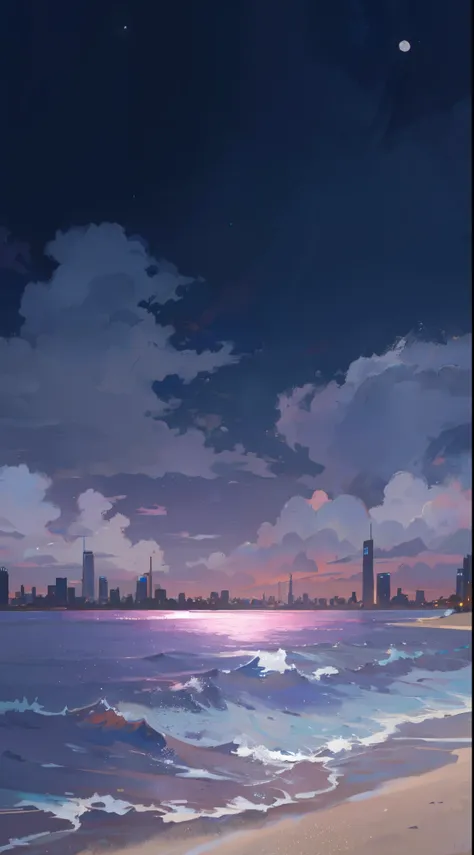 8K，high high quality！！Detail Enhancement！！Highest image quality！！There is a beach，Waves hit the beach，Night city skyline painting，，There are layers of cumulus clouds in the sky，The moon is at sea level., distant cityscape, distant city, city night scene, c...