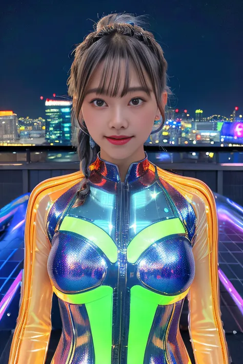 Cyber City at Night,(Gorgeous night view illumination:1.3),(Stand on the roof of a building:1.3)The actress is a very beautiful adult woman....(Sexy super shiny orange transparent holographic mechanical cyberpunk suit:1.3) ,(Mechanical suit that lights up ...