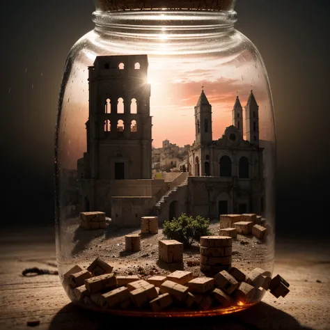 (An intricate minitown Matera landscape trapped in a jar with cork), atmospheric greenish lighting, Realism, film grain, super detail, on a white desk, its raining inside the jar. 4k UHD, dark vibes, hyper detailed, vibrant colors reddish sky background, e...