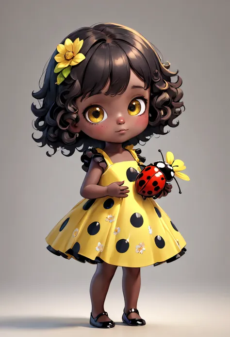 baby black skin color, with black curled hair, dark brown colored eyes, yellow dress with flowers, holding a ladybug in his hand...