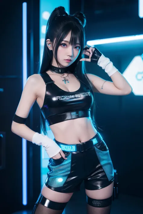 Cyberpunk Female Idol、full body Esbian、、fluorescent blue cyberpunk fashion、、blue mesh black hair、Luminescent、Silver Shorts