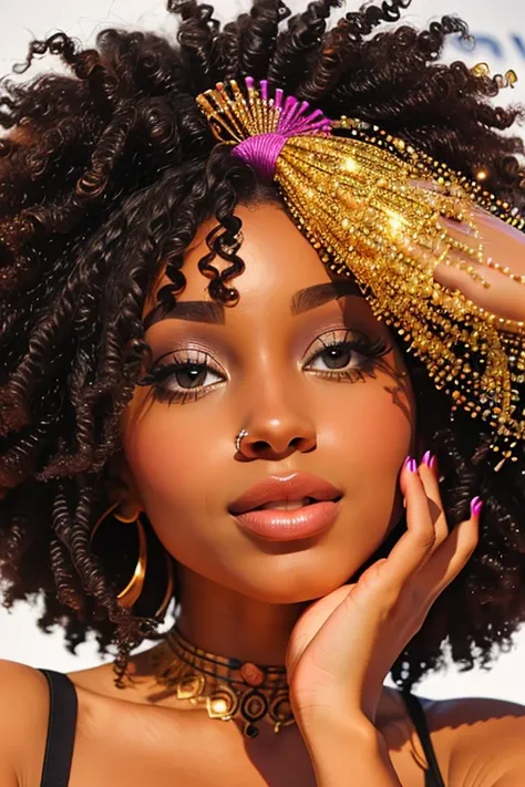 Post: Close de Beleza: Celebrate Diversity with a Black Woman with Curly Hair Description: Create an amazing close-up image of a stunning black woman with curly hair. She is wearing a gold top, enhancing your radiant skin. With a hand gently in your hair, ...