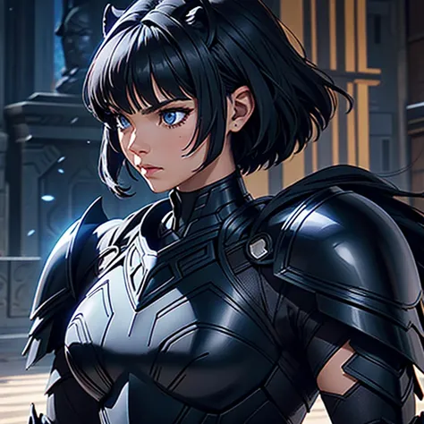 A woman wearing a black panther armor,, Saint Seiya, Black panther Armor, panther helmet, Dark blue hair, short hair, , Charismatic character, Avatar de seconde vie, Nice screenshot, Femme seduisante vue complète du corps, High quality, very detailed skin