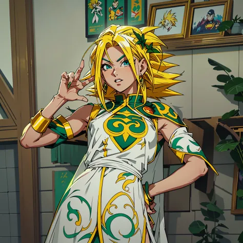 arafed woman in a white dress with green and gold accents,2D,Comic style, comics, dragonball,Son Goku,quadratic element,shoun,head portrait,super saiyan, ((yellow hair:1.3)),(blond hair:1.3), goku, super saiyan, dragon ball concept art, dragon ball artstyl...