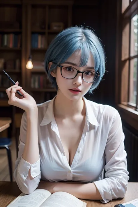 16-year-old woman, streaked hair, Beautiful hairstyle, transparent thin frame glasses, thinking face, ssmile （Wear button-down shirts, Large breasts）, sitting down, Learn, intermittently, lying on the table, get a pencil, opened book, glass of milk, table ...