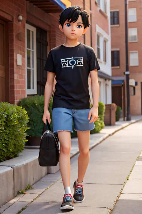 1boy, black hair, shirt, shorts, full body, blue eyes, looking at viewer