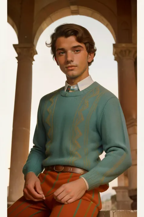 1965, Italy. Pre-raphaelite ((((18-year-old)) Gigi)), young rascal man, telling stories, smile, in a roman anphitheatre, ruins, ((((Clothing from the 1960s, sweater)))), ((Hairstyle of the 1960s)), ((Wes Anderson cinematic style)), colorful