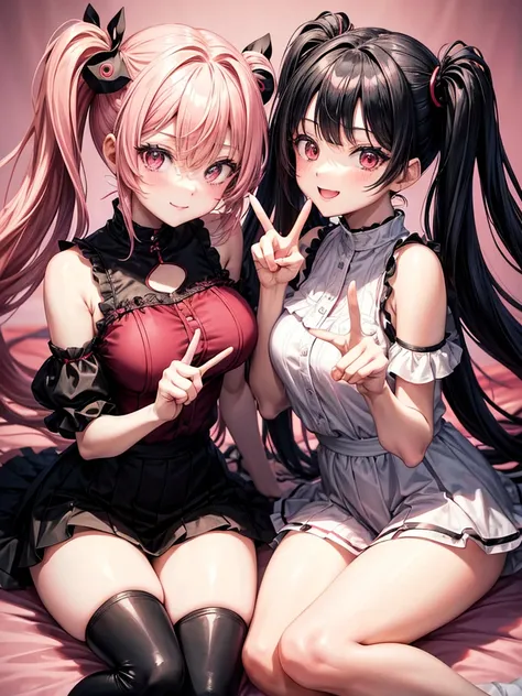 Two anime girl characters first one dressed in black and red with black twintail hairstyle, and the other one dressed in white and pink with pink twintail hairstyle, they are laying in the bed, they are make a pose for pict, full body, pose with peace sign...