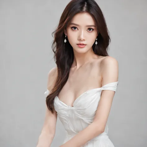 Advertising photo，k hd，A high resolution，high saturated，plain black background，ChineseGirl，brunette color hair，largeeyes，Smooth skin，Wearing a white dress,