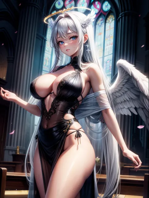 （8K ，hyper-detailing，ultra real photo，Best masterpiece，natural，Perfect artwork，Perfect female body），Cute busty girl ，Hair color，（large tities），Angelic，obsessed，the angels wings，The halo，Beautiful church，beautiful rain of petals，Gorgeous accessories，golden ...