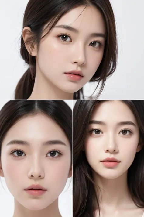 Portrait drawing，Live model，4k高清，Three views of human face, front view，Right side of the face，Left side of the face，ID photo with white background