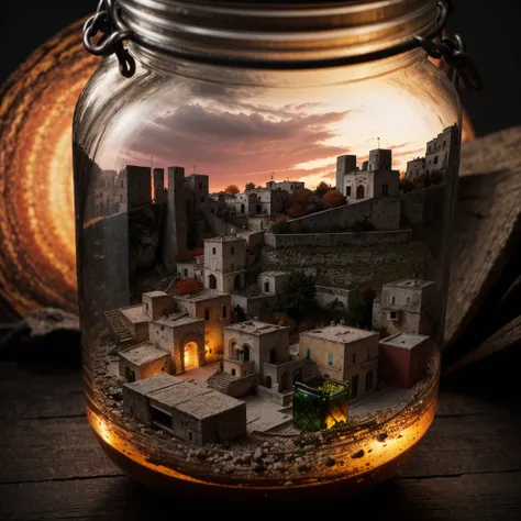 (An intricate minitown Matera landscape trapped in a closed jar), atmospheric greenish lighting, Realism, film grain, super detail, on a desk, its autumn in the jar. 4k UHD, dark vibes, hyper detailed, vibrant colors, reddish sky background, epic compositi...